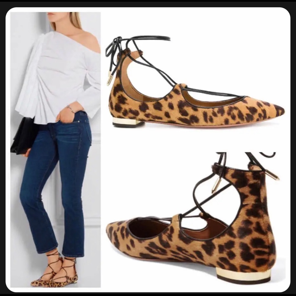 Aquazzura Leopard Print Lace-Up Flats - Brown/Black - Picture 5 of 6